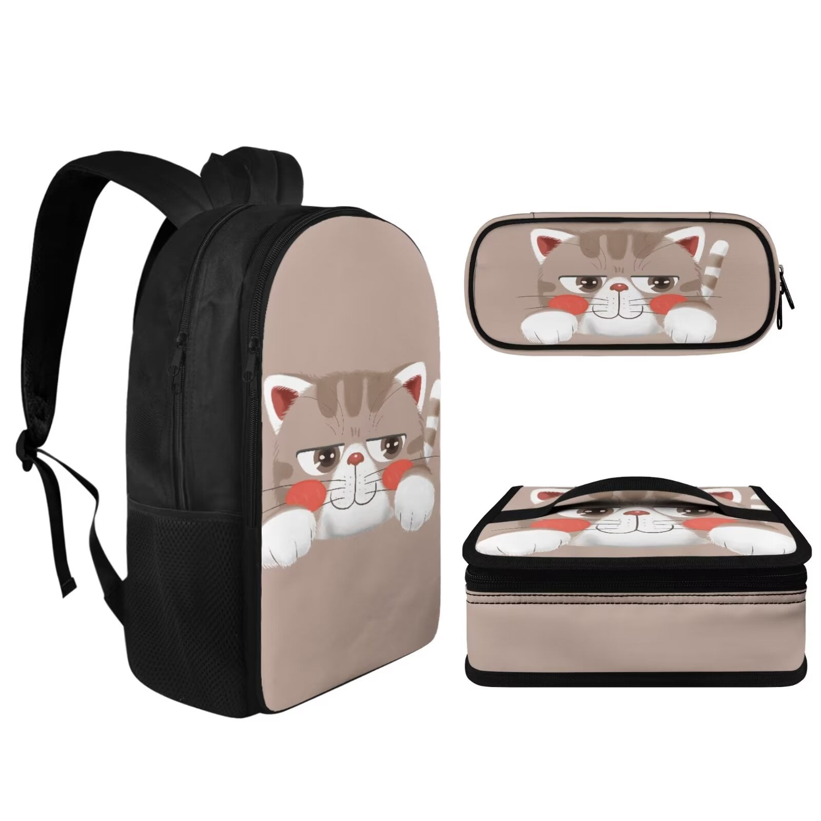 KUIFORTI Cute Cat Shoulder Bag Handbag Pencil Container Bag Backpack Lunch Pouch Zipper Closure, Set of 3