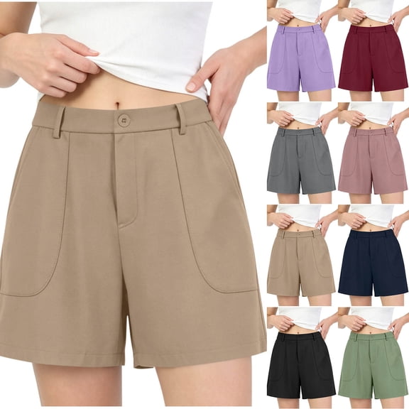 Zynoxe Womens Shorts with Pockets Relaxed Loose Fit Mid-Thigh Wide Leg Shorts Comfort Strech High Waisted Ladies Casual Shorts Fashion Solid Color Button Closure Summer Shorts for Women S
