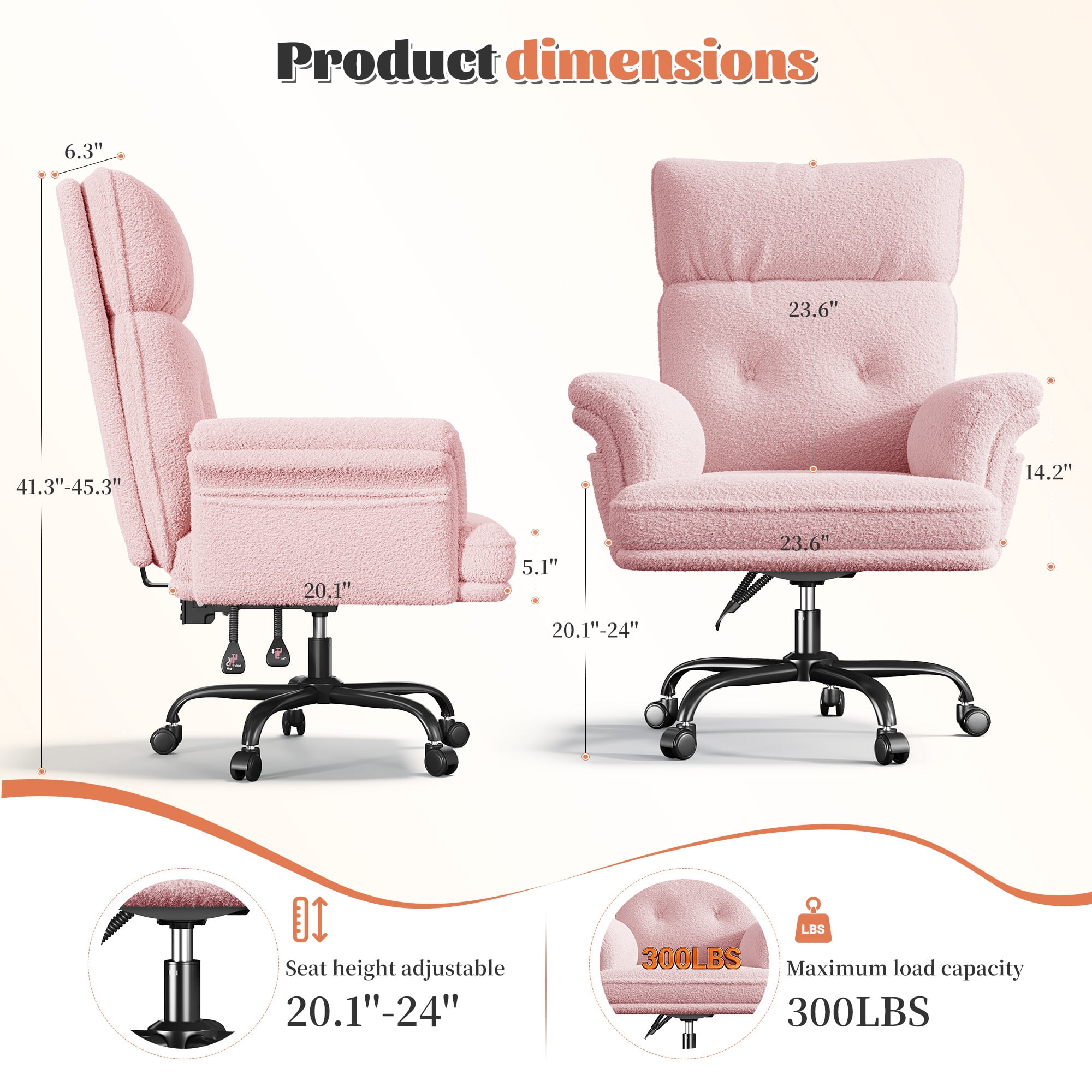 Romorgniz Criss Cross Chair with Armrests & Wheels Ergonomic Computer Gaming Chair with Two Side Pockets Teddy Plush Wide Seat Reclining Desk Chair for Home Office, Pink
