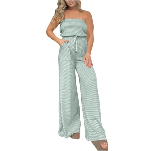 AherBiu Lounge Rompers for Women off Shoulder Sleeveless Drawstring Waist Wide Leg Jumpsuits with Pockets