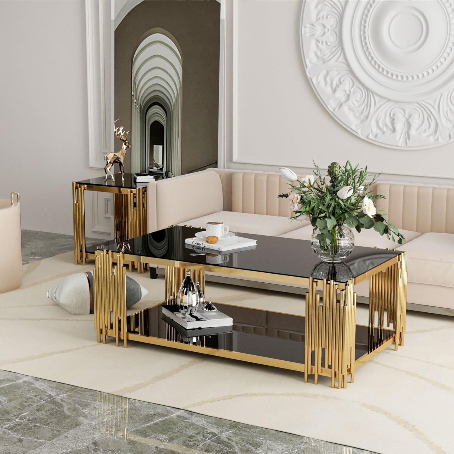 End Tables for Living Room Set of 3, Holaki Modern Rectangle Tempered Glass Coffee Table with 2 Square End Table, Coffee Table Set with Stainless Steel Irregular Legs for Home Apartment Office