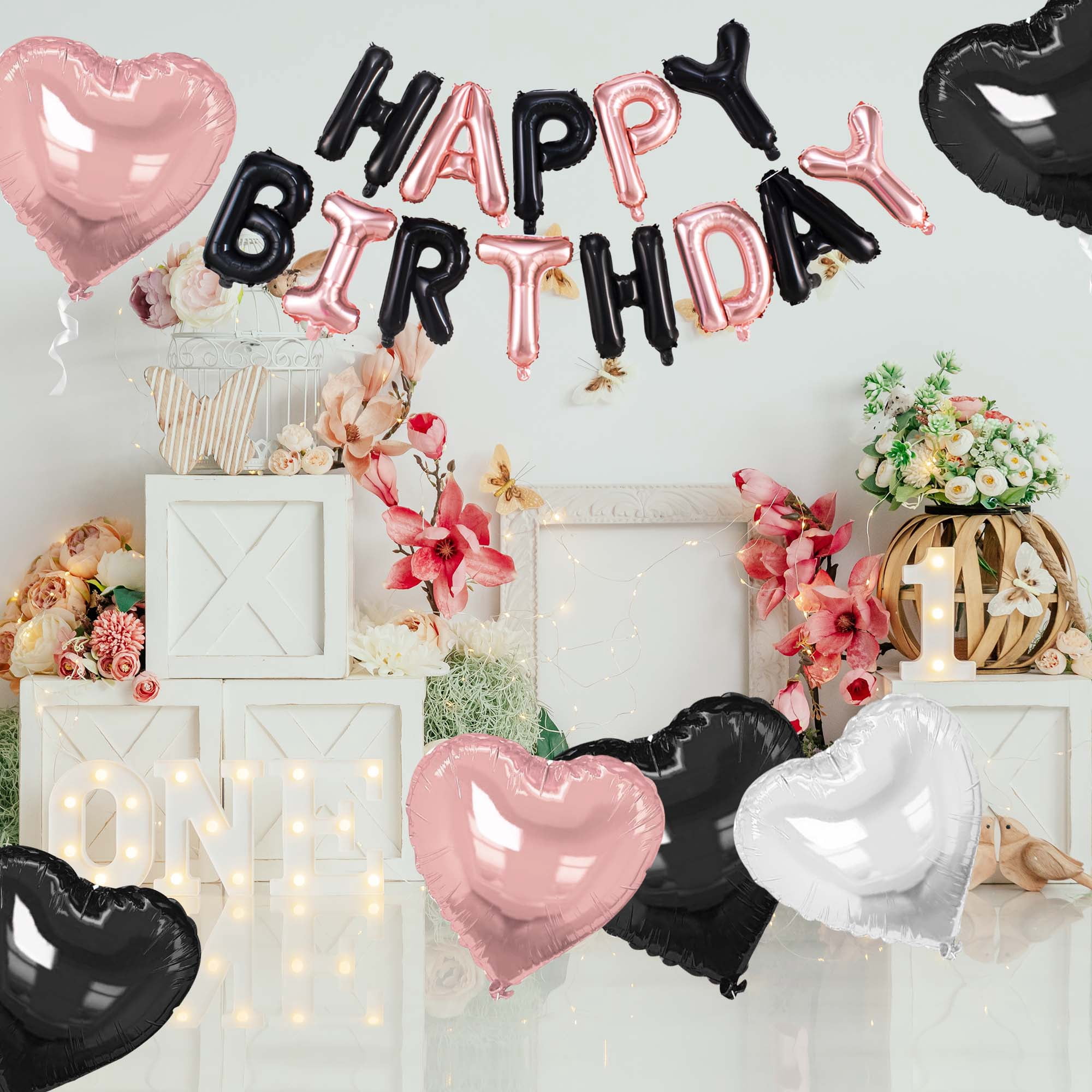 Unique Bargains 10Pcs Helium Balloons with Ribbon Black Rose Gold Tone