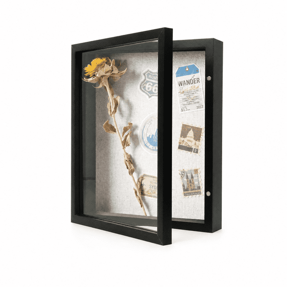 Qiucioku Shadow Box Frame, Black Openable Display Case for Dried Flowers & Memorabilia, Shadow Frame with Tempered Glass & Magnetic Closure