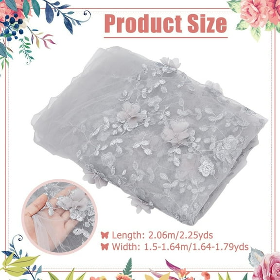 2.2yards Embroidered Flower Fabric 59-64.5inch Wide 3D Flower Organza Lace Floral Mesh Embroidery Fabric for Sewing DIY Custom Clothes Party Dress Home Decoration Light Grey