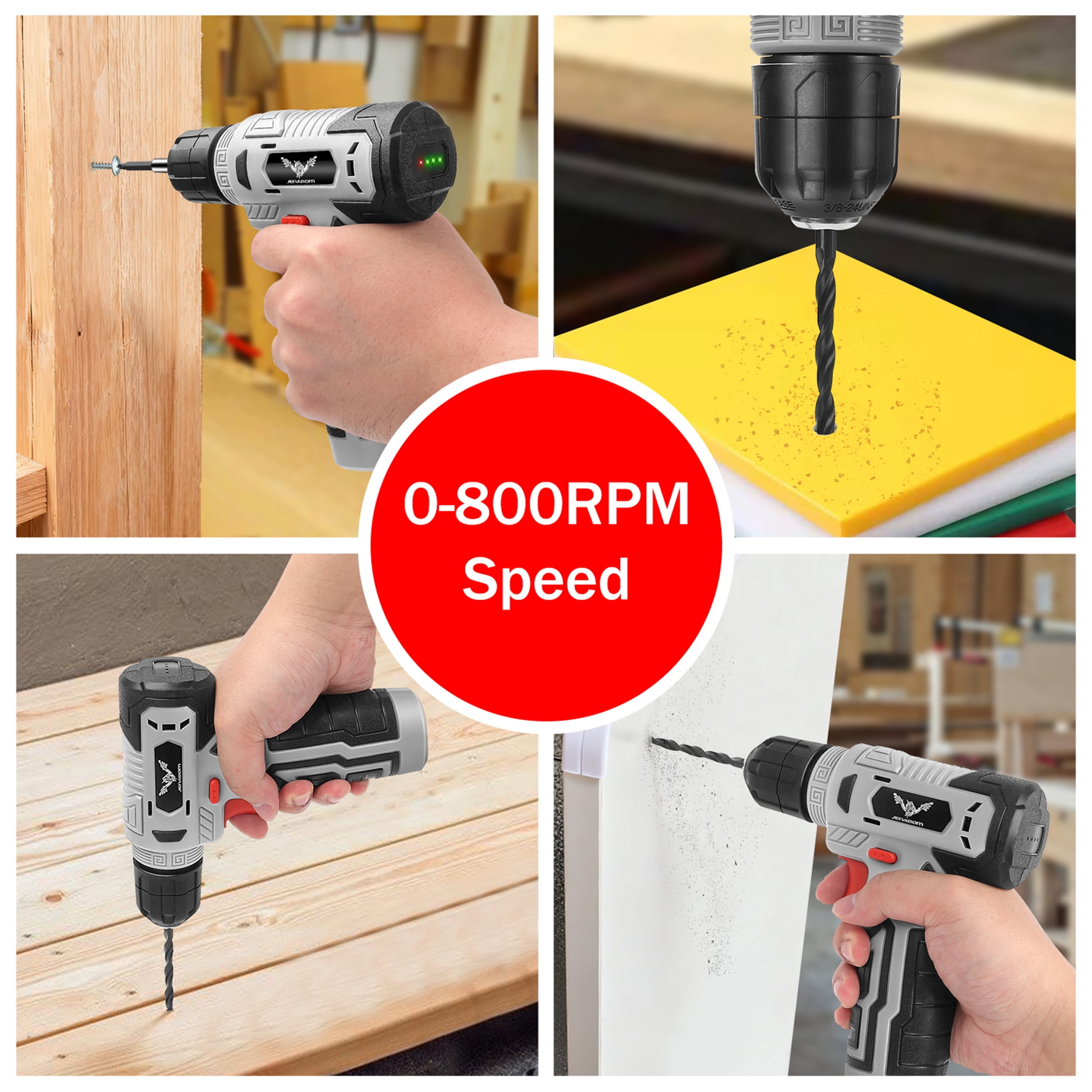 JENABOM Tool Set - 8V Cordless Drill Set, 146 Pcs Box with Hand Drill, Home Tool Kits, Variable Speed, Home Improvement & DIY (Gray & Red)