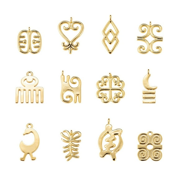 12Pcs 12 Style Brass Pendants Long-Lasting Plated Adinkra Symbols Real 18K Gold Plated 1pc/style
