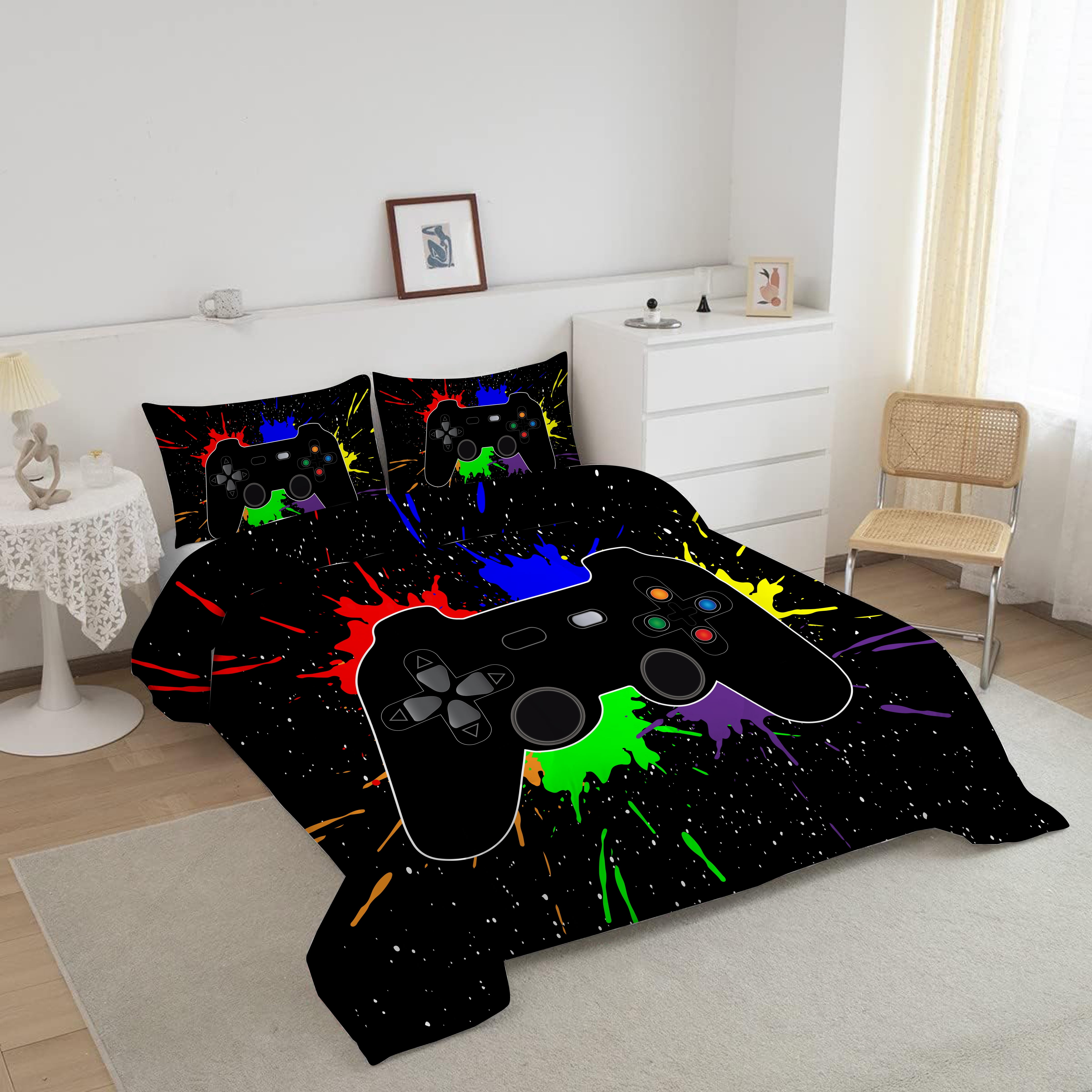 3 Pieces Black Gamer Comforter Set for Boys Gaming Bedding Set Twin Size,Video Game Controller Comforter for Boys Kids Adult 3D Gamepad Microfiber