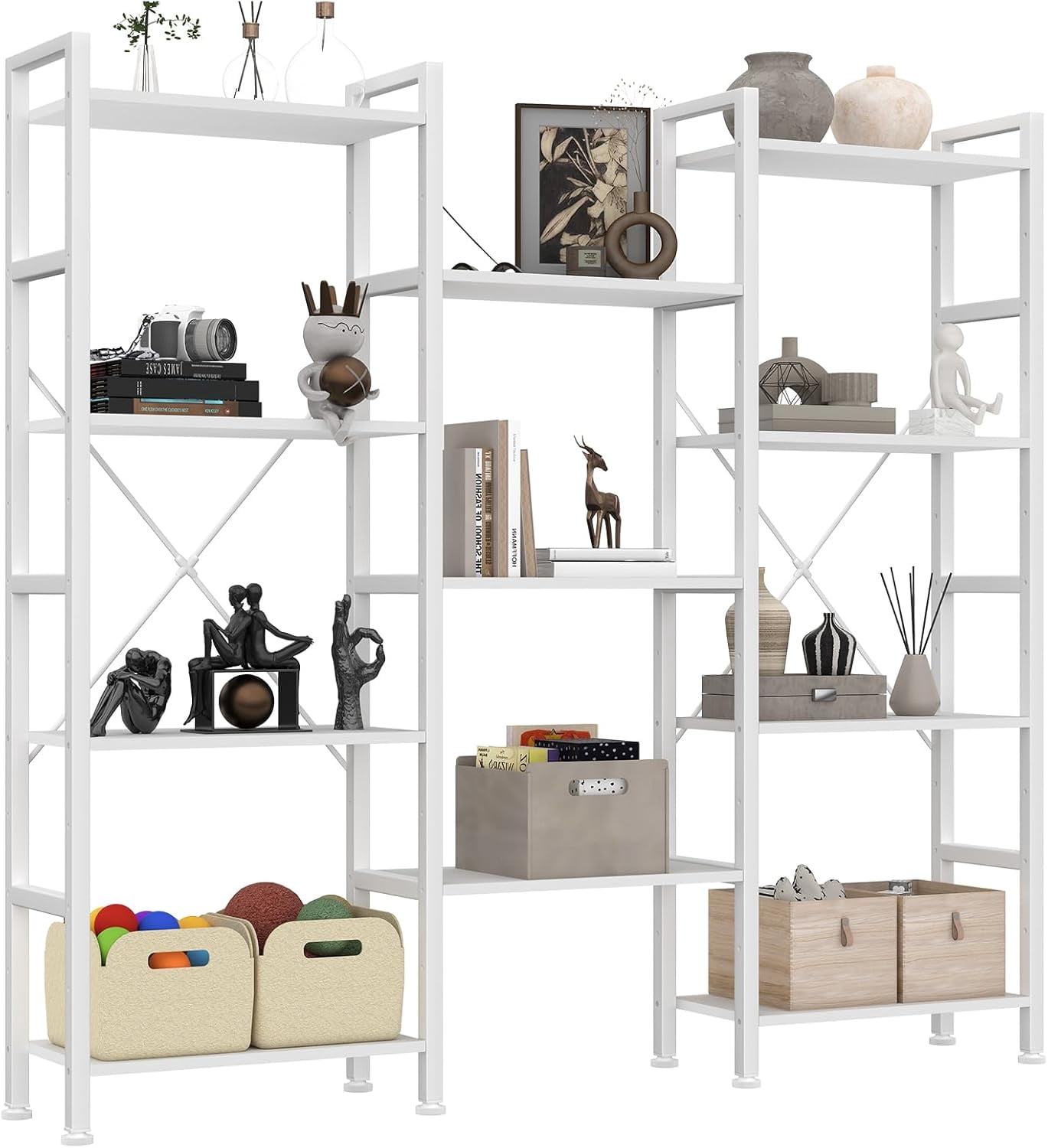 Atilioo Triple Bookshelf, 4-Tier Wide Bookcase with 11 Open Tall Display Shelves, Modern Industrial Book Shelves for Living Room Home Office, White