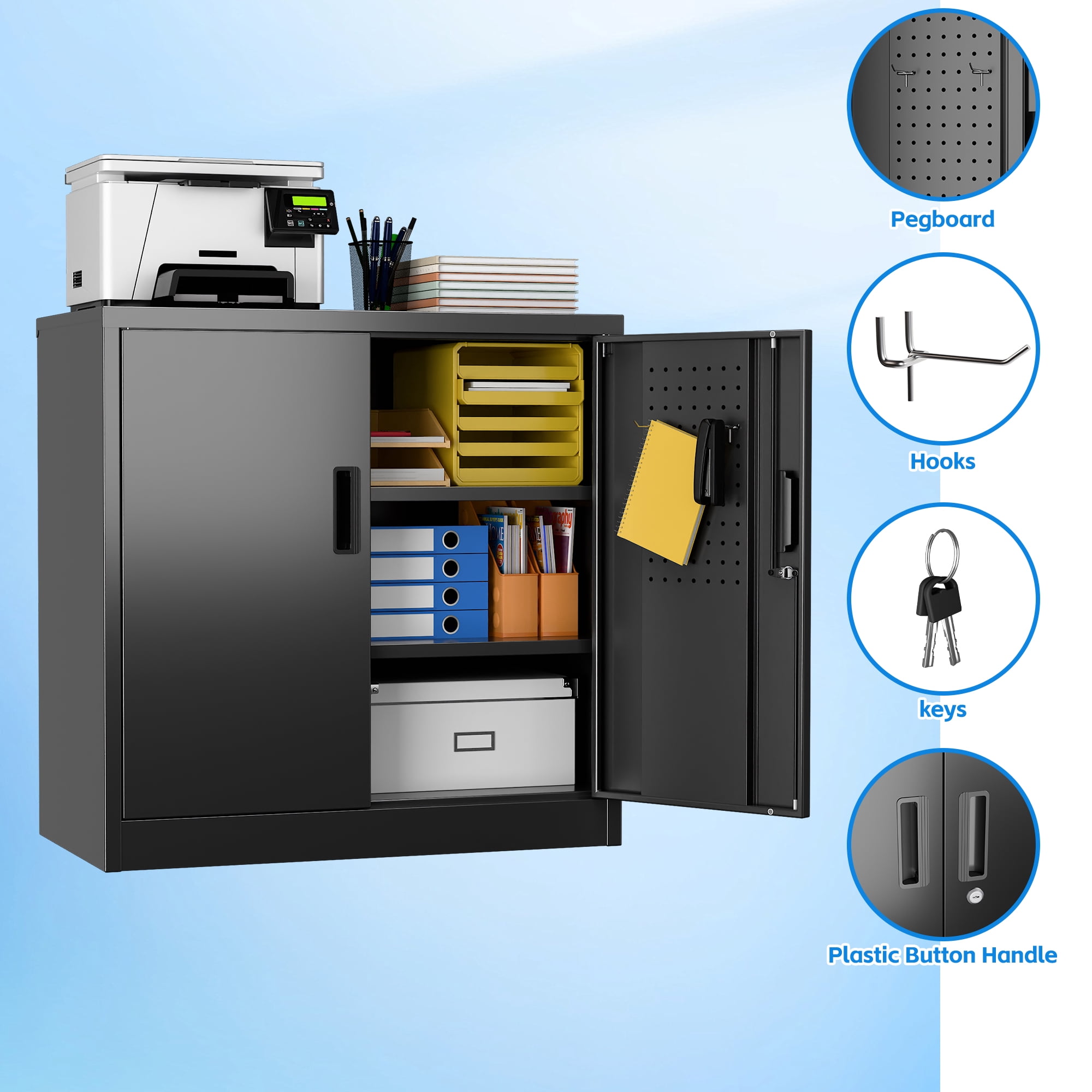 GangMei Metal Garage Storage Cabinet with Wheels,32" H Top Workbench Mobile Tool Chests Garage Cabinets with Pegboards,Tool Cabinets for Home,Office,Shop，Assembly Required, Black