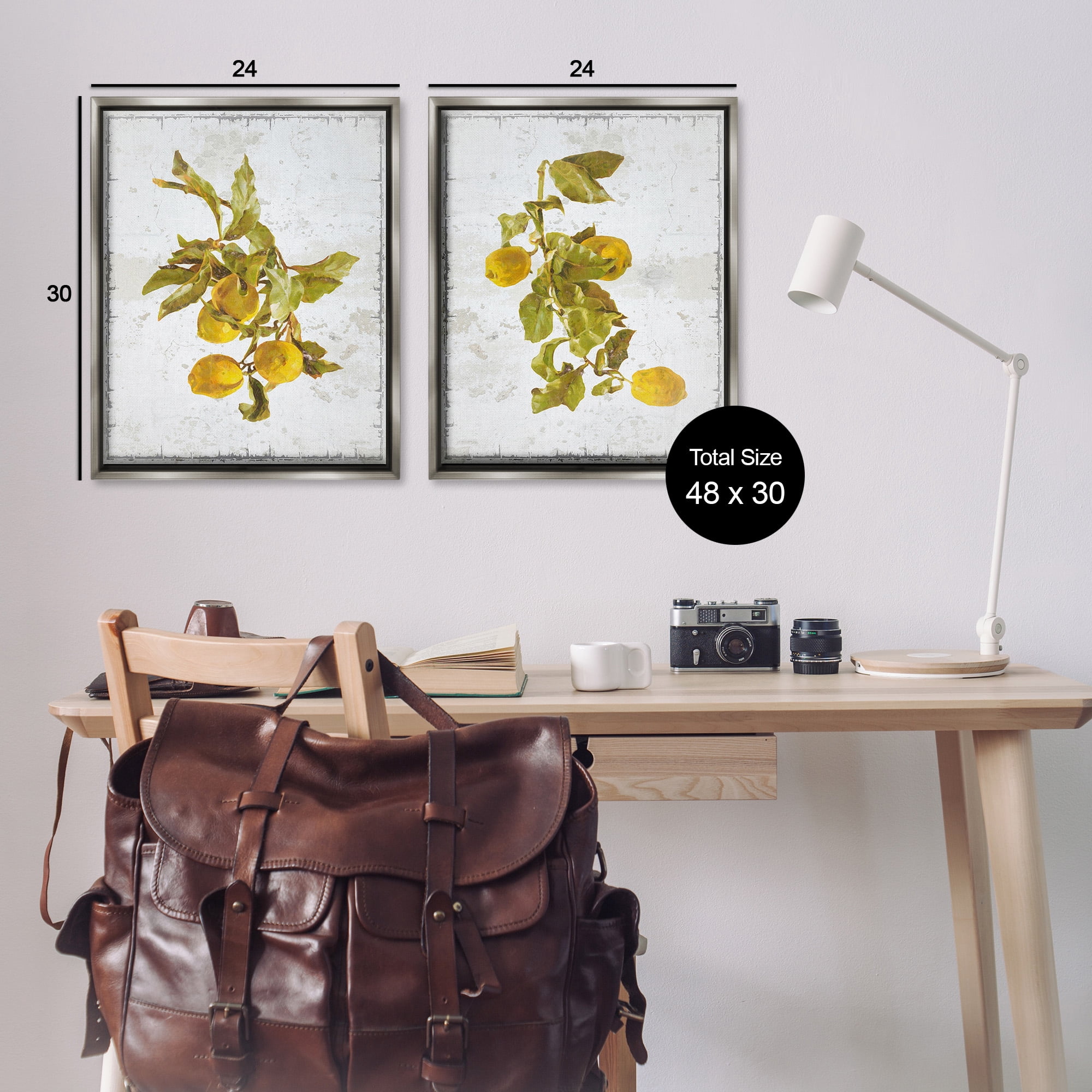 Stupell Industries Rustic Lemons & Leaves Food & Beverage Painting Gray Floater Framed Canvas Art Print Wall Art, 25 x 31, Set of 2