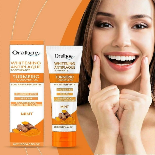 Fluoride-Free Whitening Antiplaque Toothpaste with Turmeric & Coconut Oil, Natural Mint Flavor for Fresh Breath, Gentle Gum Care