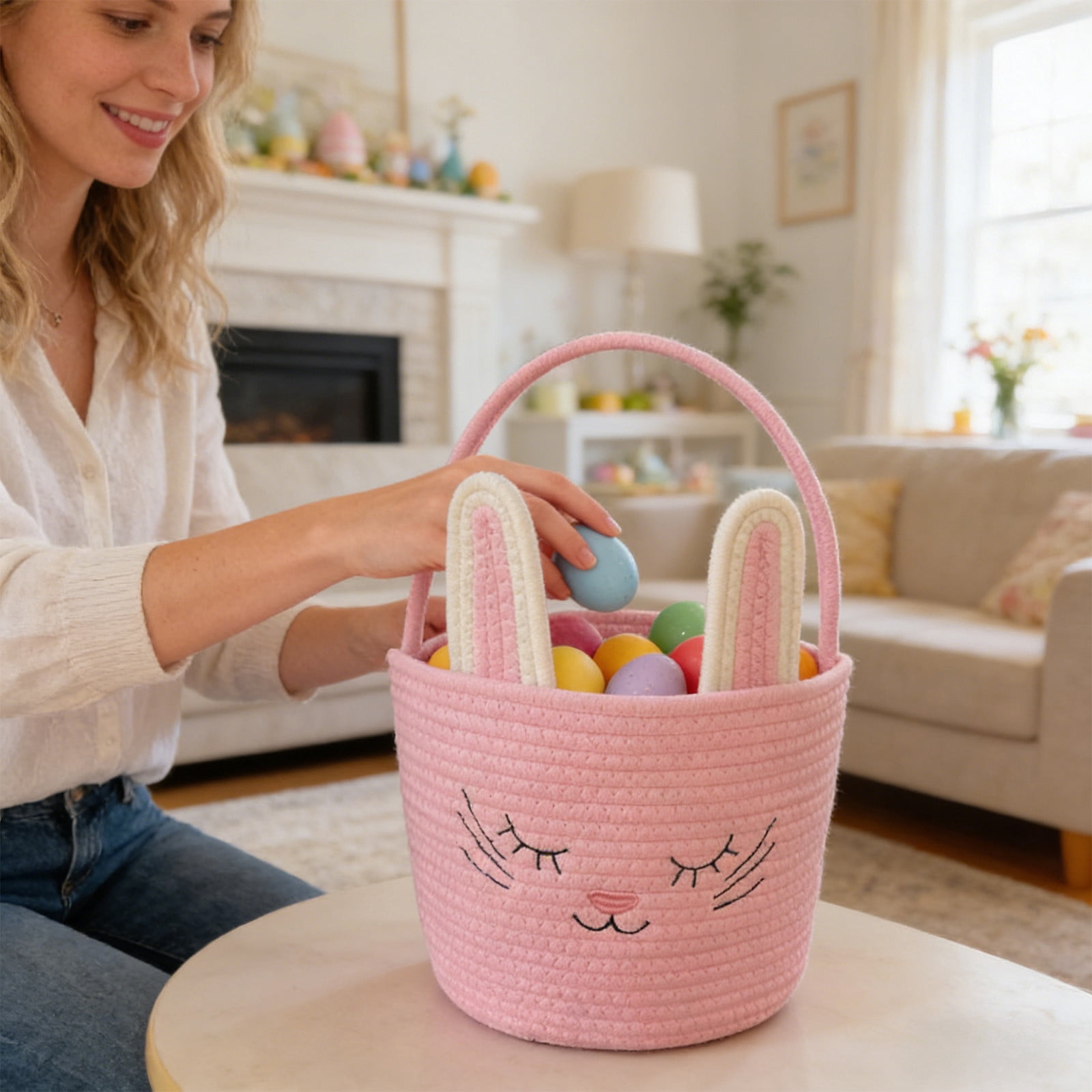 Lunxisen 2 Pcs Easter Storage Basket Hand-woven Rabbit Holiday Decorative Organizer Home Decor Baskets