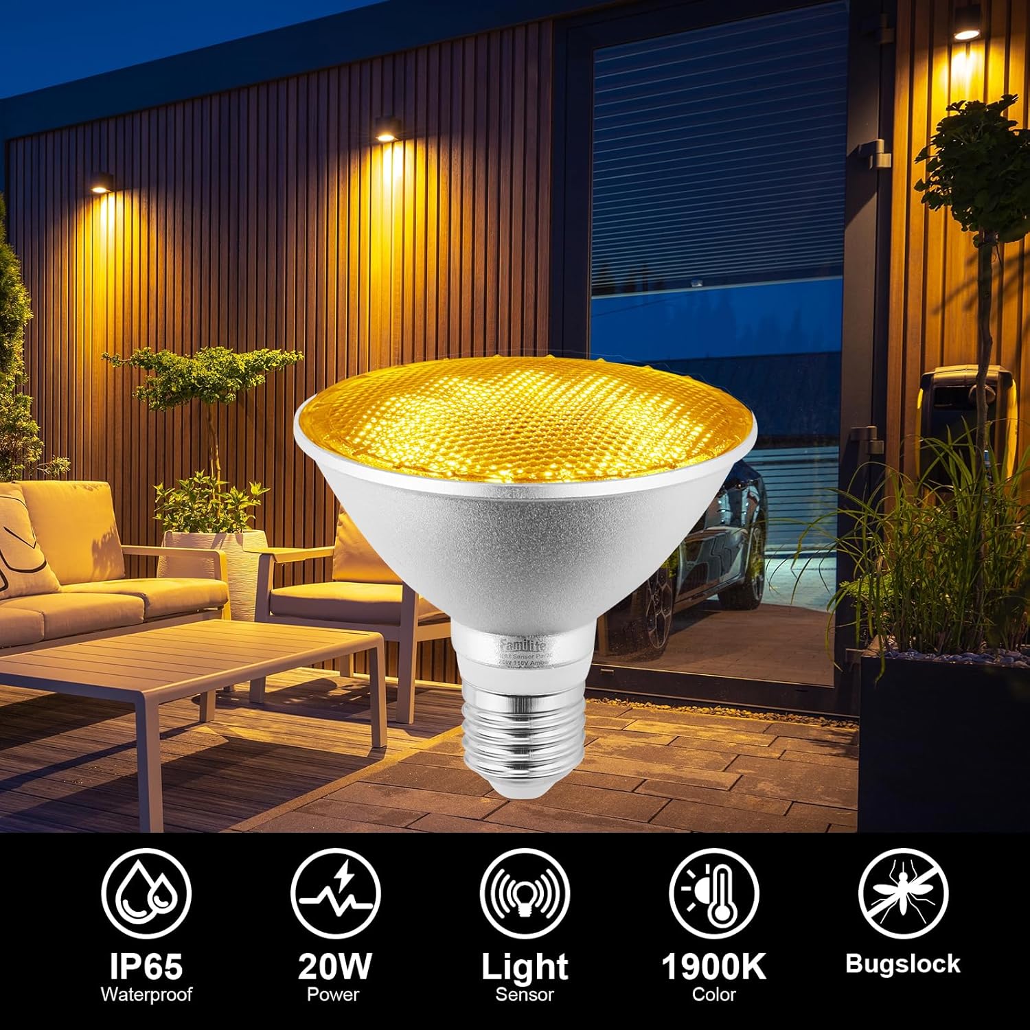 Gonhom Dusk To Dawn Bug Light Bulb Outdoor,4 Pack Amber Bug Light Bulb,Auto On/Off,10W(100W Equivalent),E26 Base,Bug Lights For Outside.Home Hallway Porch Corative Lamps.Bedroom
