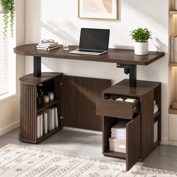 Advwin 55" Electric Standing Desk with Storage, Height Adjustable Computer Desk with 3 Memory Presets, LED Display, Drawer, Cabinet & Open Shelves, Modern Corner Stand Up Desk for Home Office, Walnut