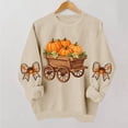 thumbnail image 2 of DeeHomeMo Pumpkin Harvest Cart Print Women Pullover Sweatshirt Wide Round Neck Long Sleeve Regular Fit Bow Applique On Sleeves For Fall Daily Casual Outing Khaki,S, 2 of 5