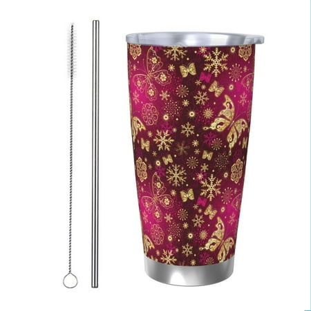 

Cauagu Golden Snowflakes And And Butterflies Pattern 20oz Tumbler Stainless Steel Vacuum Insulated Tumbler with Lid Insulated Coffee Mug Thermal Cup with Splash Proof Sliding Lid-Straw Two-piece Set