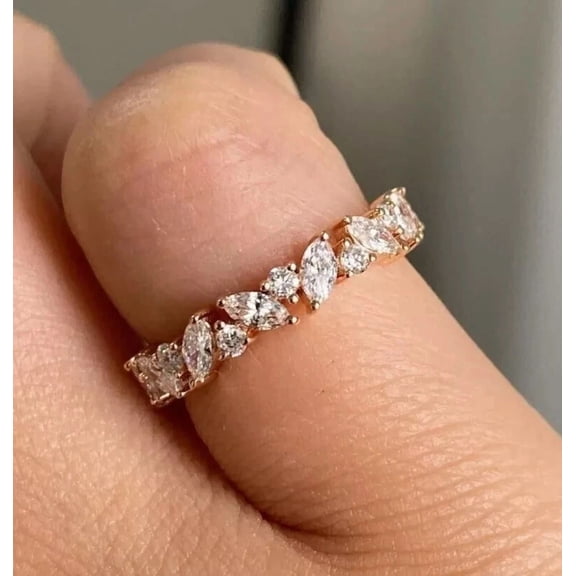 Women's Marquise & Round Lab Created Diamond Wedding Band Ring in 14K Yellow Gold Plated