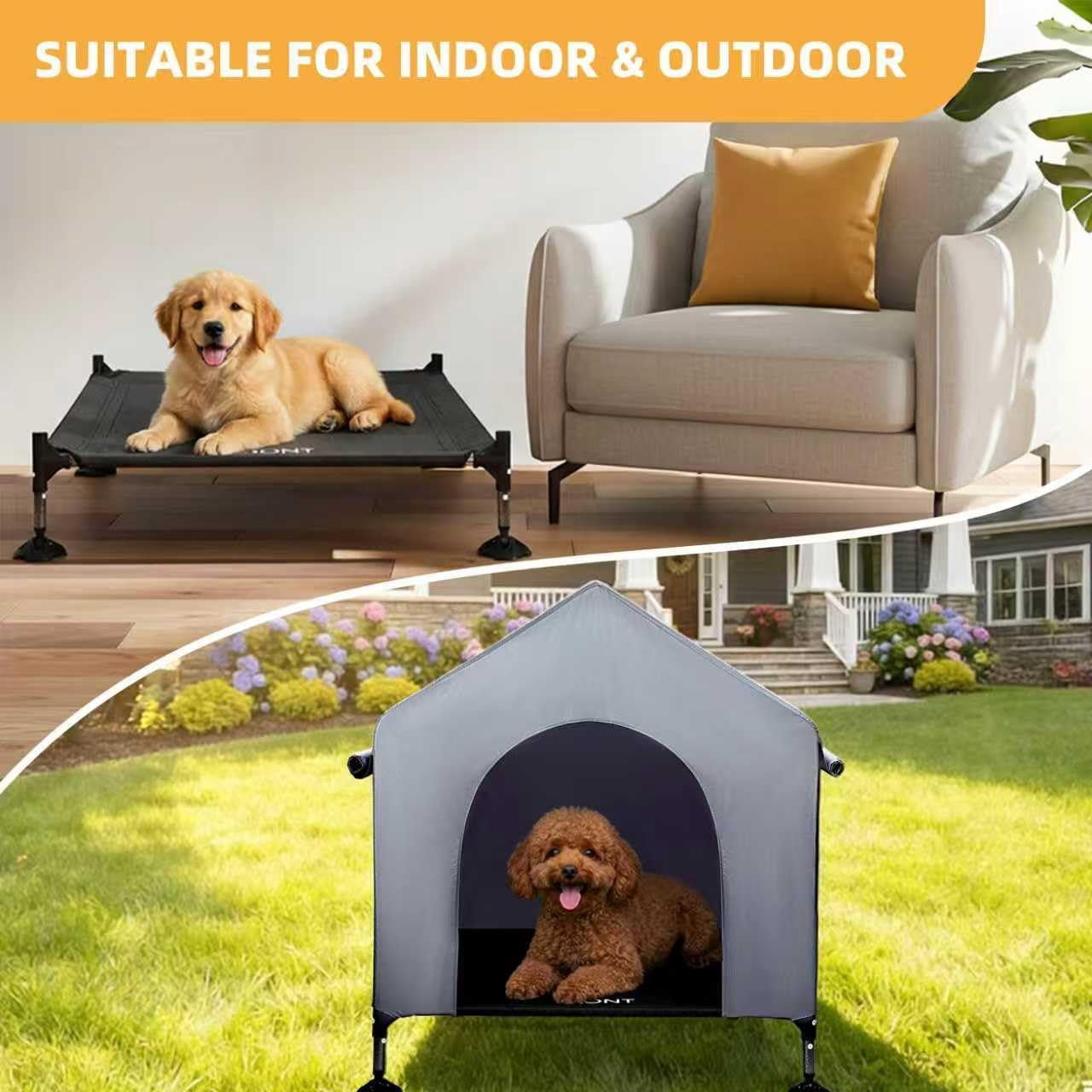 42" Dog House Outdoor Indoor with Breathable Mesh Windows, 2-in-1 Outside Dog House Elevated Dog Bed Cot Dog Tent Shade Shelter, Easy to Assemble & Clean (42 INCH)