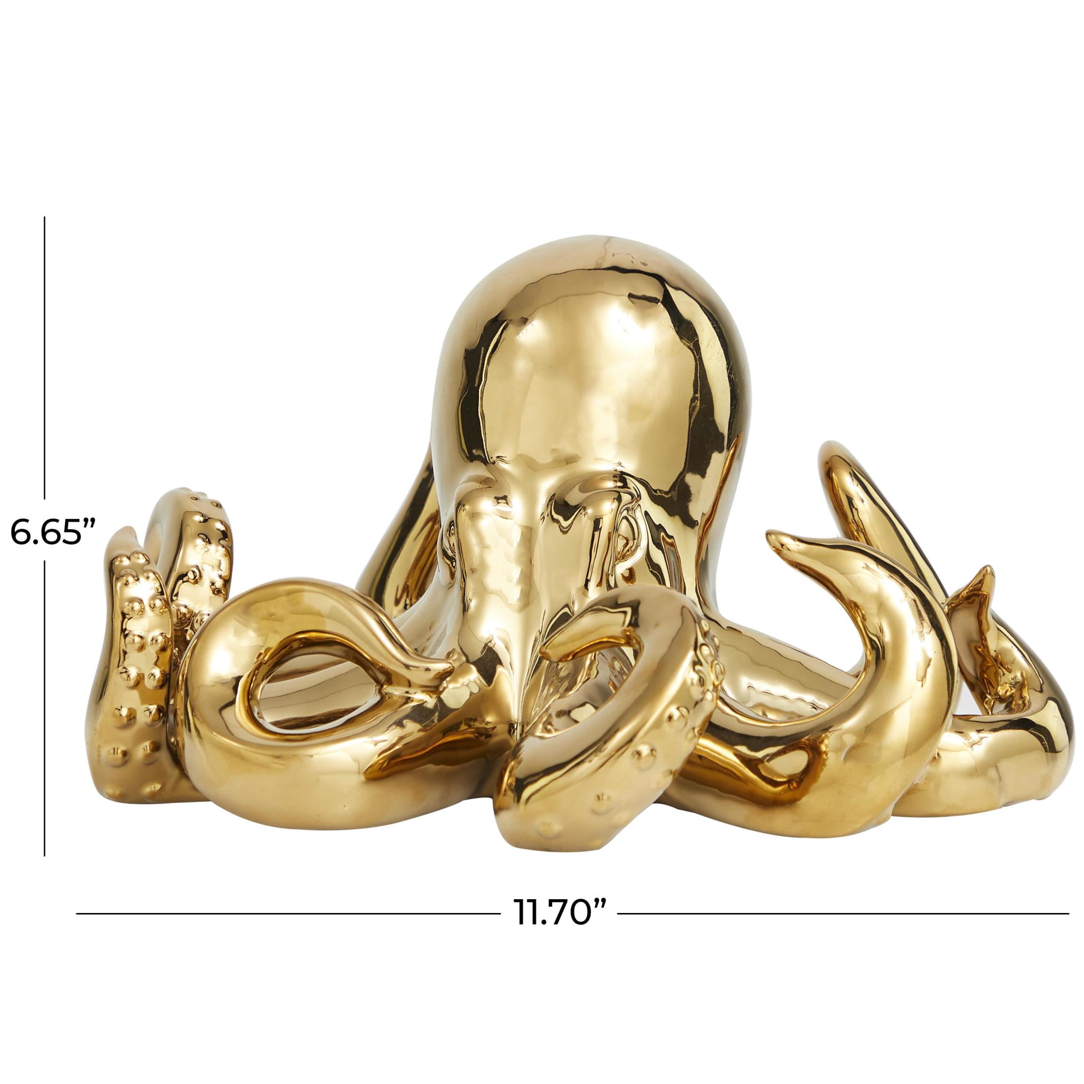 12" x 7" Gold Ceramic Octopus Sculpture with Textured Tentacles, by DecMode