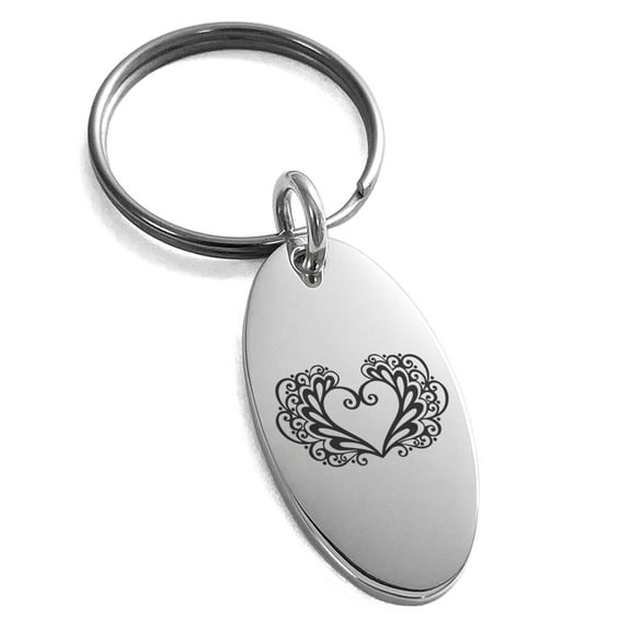 Tioneer Stainless Steel Floral Filigree Heart Engraved Small Oval Charm Keychain Keyring