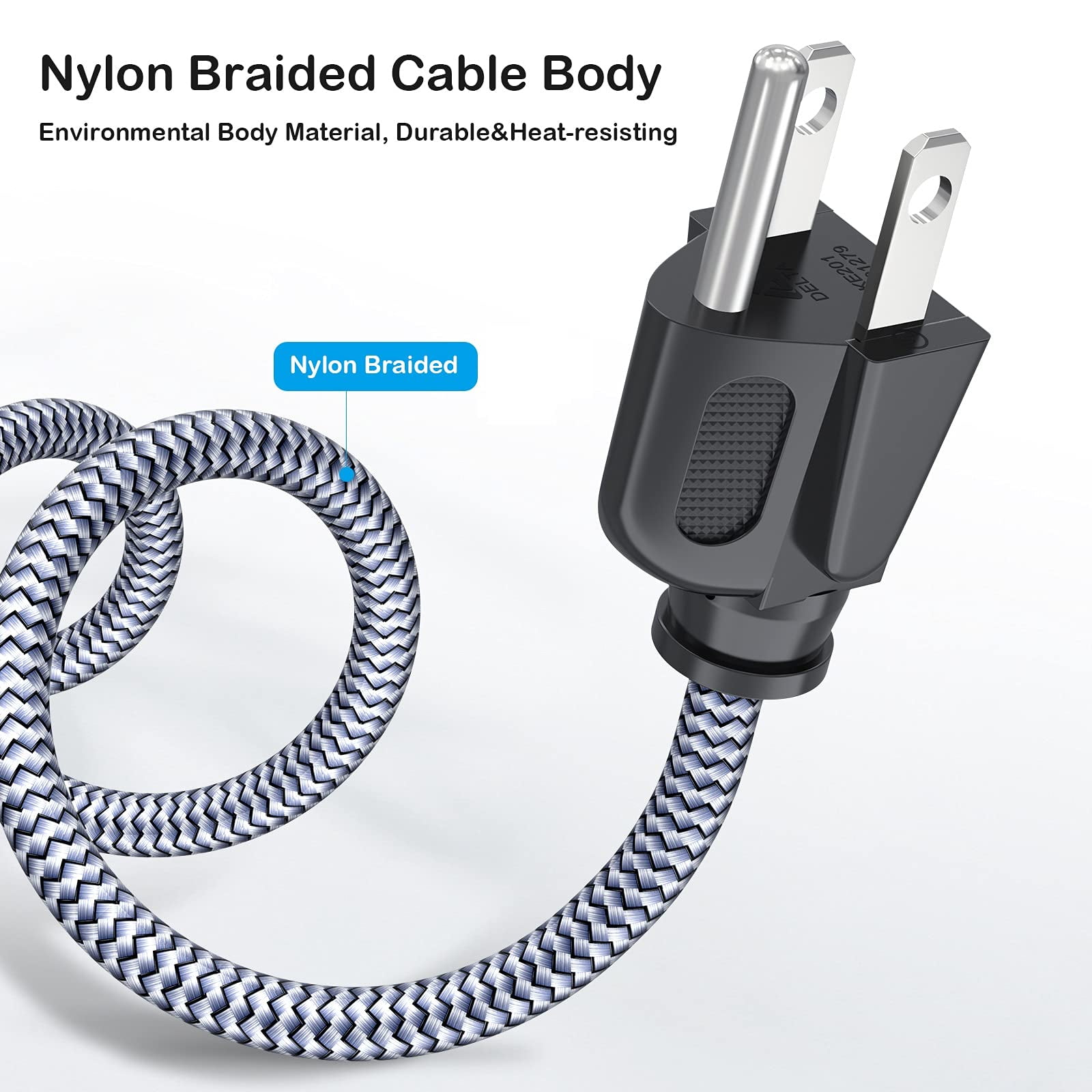 Quyaojz Power Cord, [6.6FT, 2-Pack] AC Power Cable 10A 250V Nylon Braided 3 Prong Power Cord 18AWG Replacement 3-Pin Power Cables UL Certified for Computer, TV, Monitor, Printer, PC, Projector
