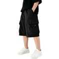 thumbnail image 3 of QIUOMBBP Boys' Wide Leg Cargo Shorts Solid Color Knee Length Short Pants with Multi Pockets Summer Sports Pants Black 12-13Years, 3 of 10