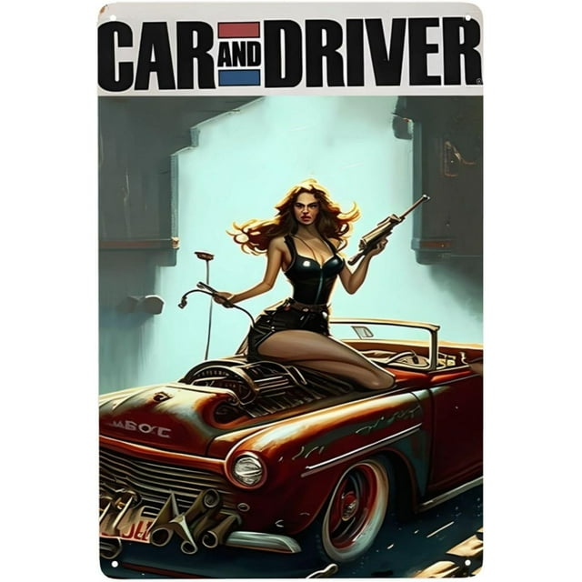 Letrero de hojalata de 8 x 12 pulgadas para coche y conductor, diseño retro de mujer de garaje, decoración de pared de metal para el hogar, habitación, bar, tienda.
