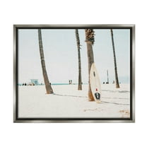 Stupell Surfboard Leaning Tropical Palm Trees Landscape Photography Gray Floater Framed Art Print Wall Art
