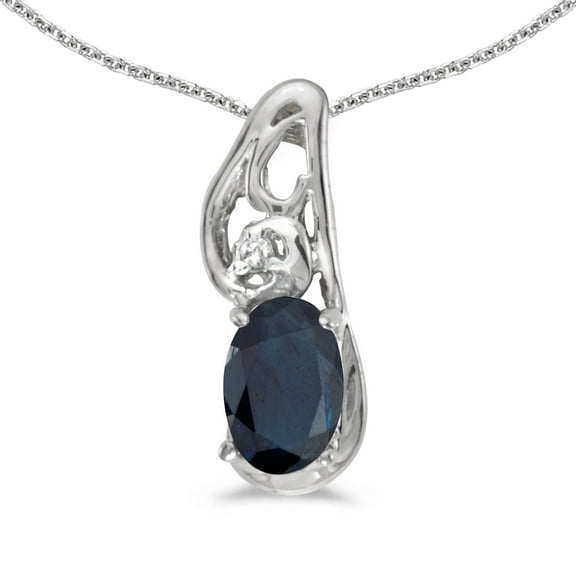 10k White Gold Oval Sapphire And Diamond Pendant with 18" Chain