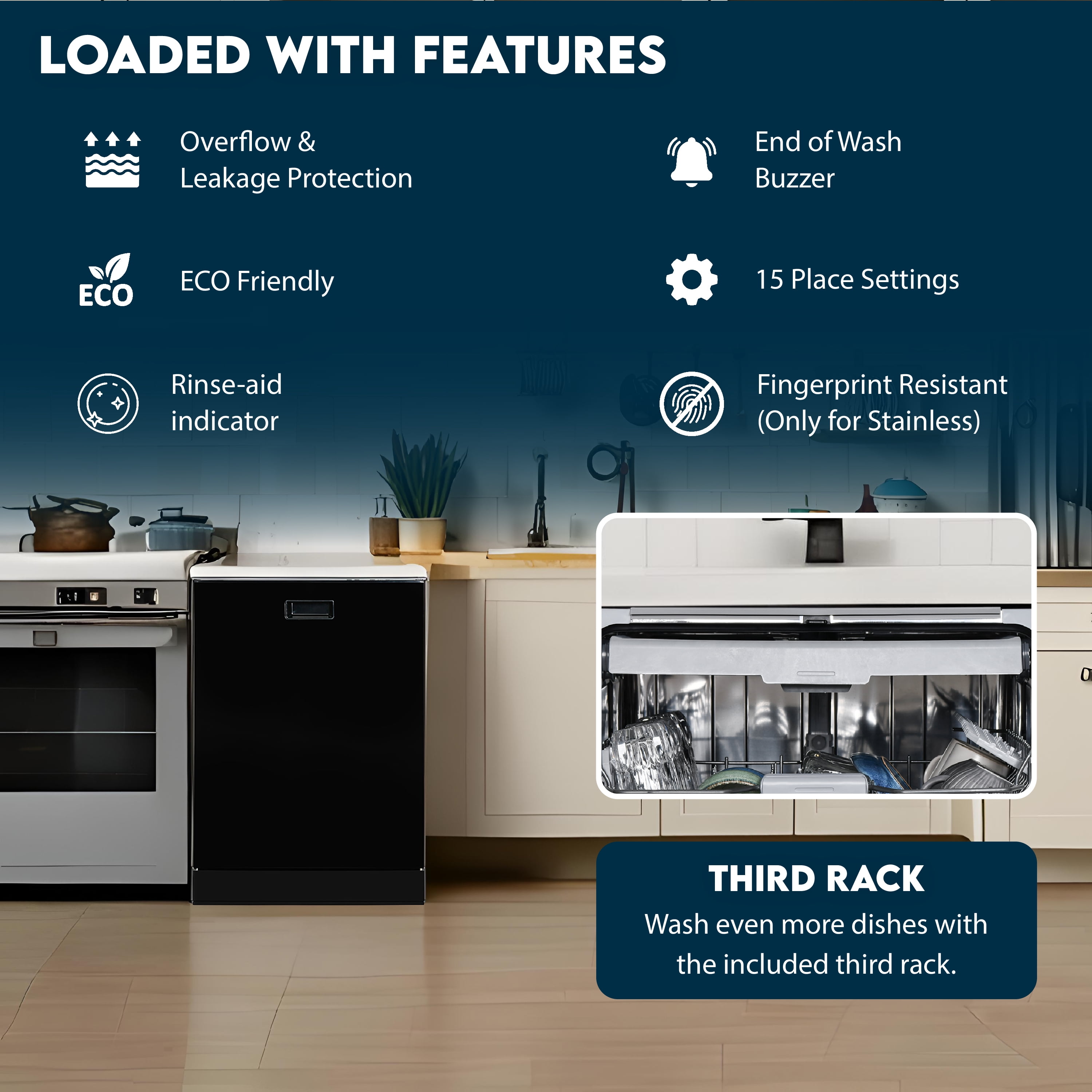 Equator 24" Built-In Dishwasher with 8 wash settings, Quiet operation and Touch Button Control Panel Made in Europe