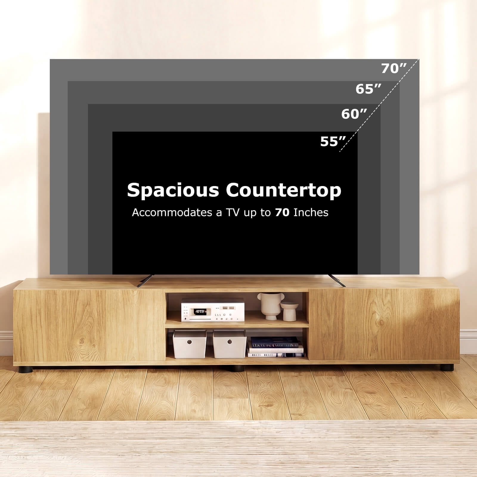 Costway TV Stand for up to 70” TVs, Media Console Table with Double Doors & Open Shelves Natural
