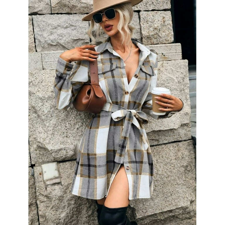 Hotian Women Plaid Shirt Dress with Belt Button Through Checkered