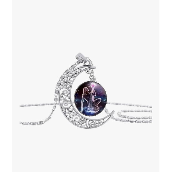Moon Shape Gemstone Pendant Aquarius Zodiac Necklace