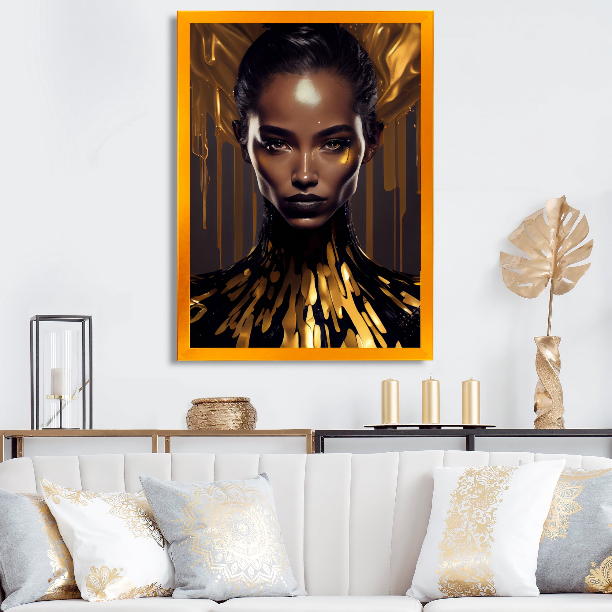 Designart Sensual Liquid Gold Woman III Framed Wall Art