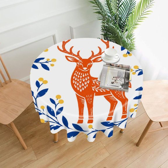 RKSupls 60 Inch Round Tablecloth, Orange Deer Wreath Premium Polyester Straight Edge Wrinkle Resistant Washable Table Cover for Party Home Dining Decor