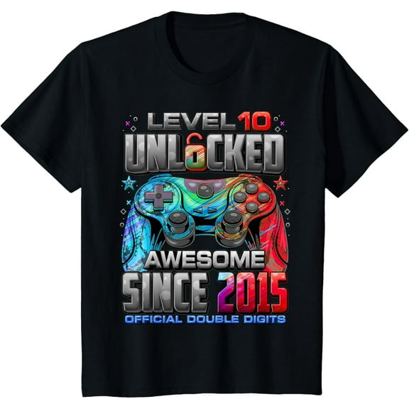 Level 10 Unlocked Awesome Since 2015 10th Birthday Gaming Boys T-Shirt