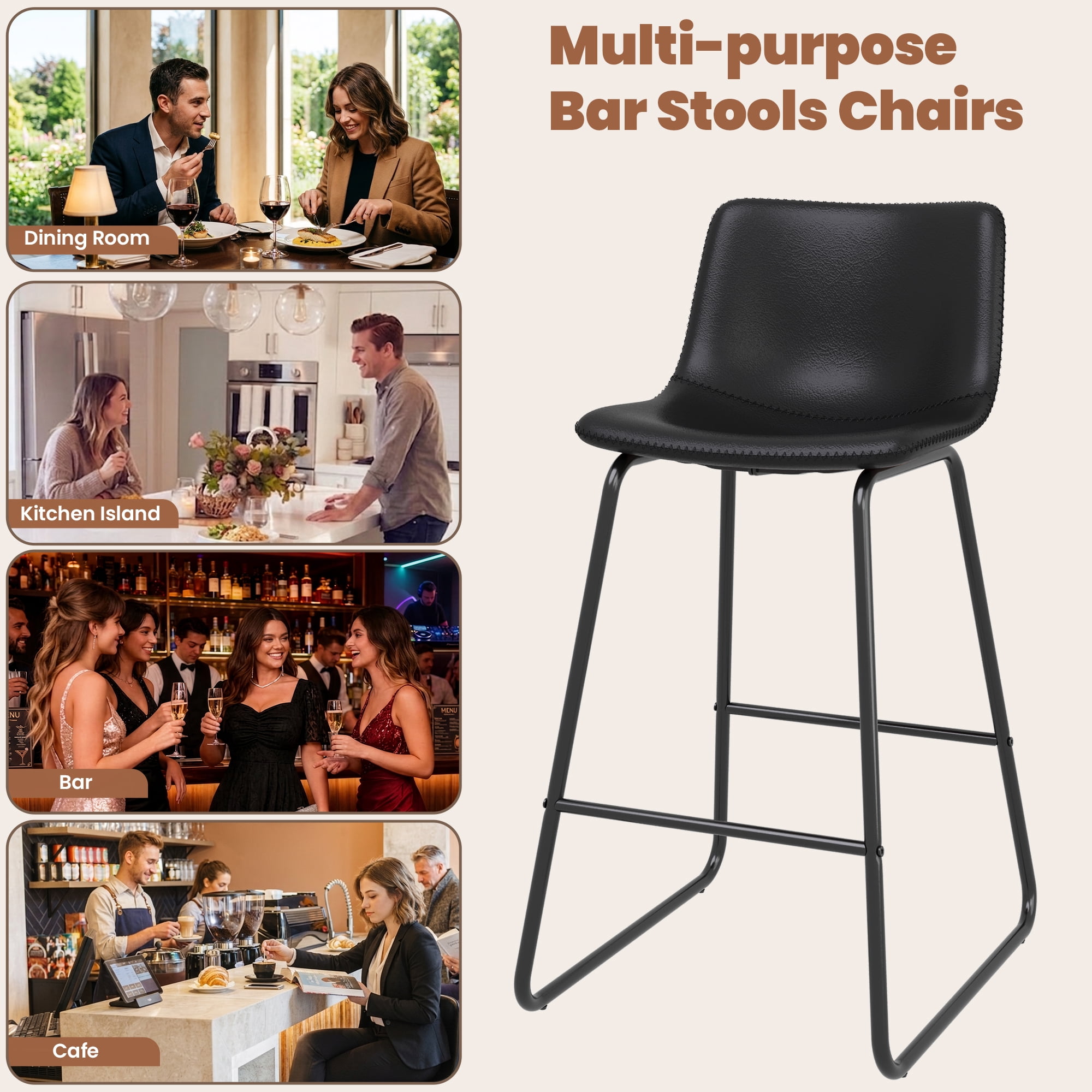 Aufeile 26" Counter Height Bar Stools Set of 2 – Modern Faux Leather Barstools with Back & Metal Legs, Kitchen Bar Chairs for Island, Dining Room, Black