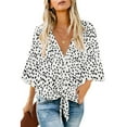 thumbnail image 1 of luvamia Women's Chic V Neck Tops 3/4 Flared Sleeve Tie Knot Blouses White Leopard Size 2XL, 1 of 4