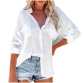thumbnail image 2 of Womens Button Down V Neck Denim Shirts Long Sleeve Blouse Roll Up Cuffed Sleeve Casual Work Plain Tops with Pockets, 2 of 9
