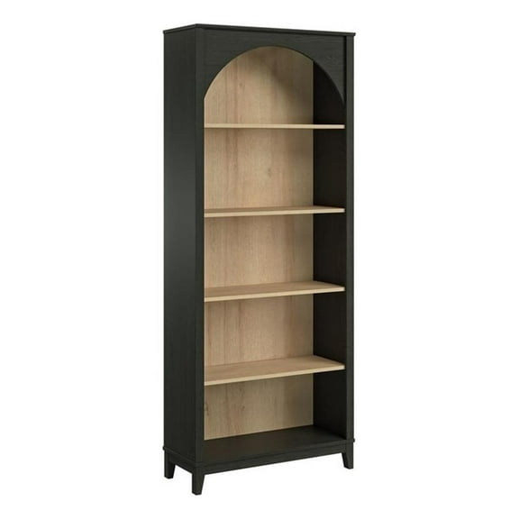 Maklaine 78" Tall 5-Tier Arched Bookcase Black Oak with Oak Finish Interior