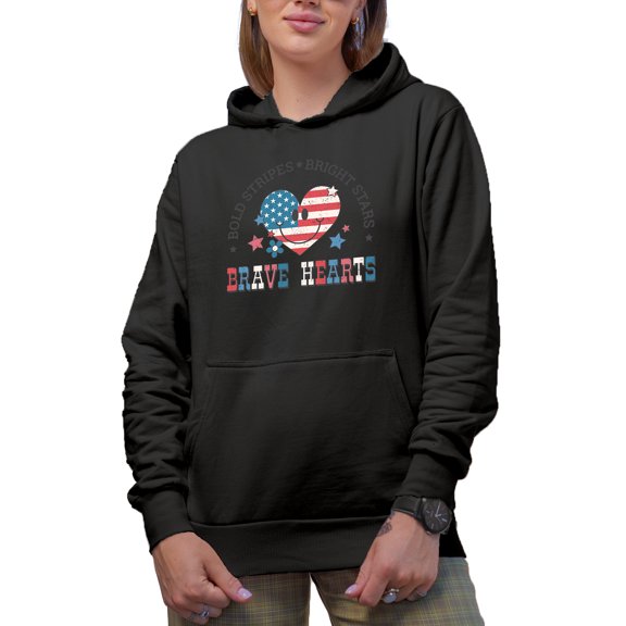 Bold Stripes, Bright Stars, Brave Hearts, Retro 4th of July Gift, Black Hooded Sweatshirt or Hoodie, XL