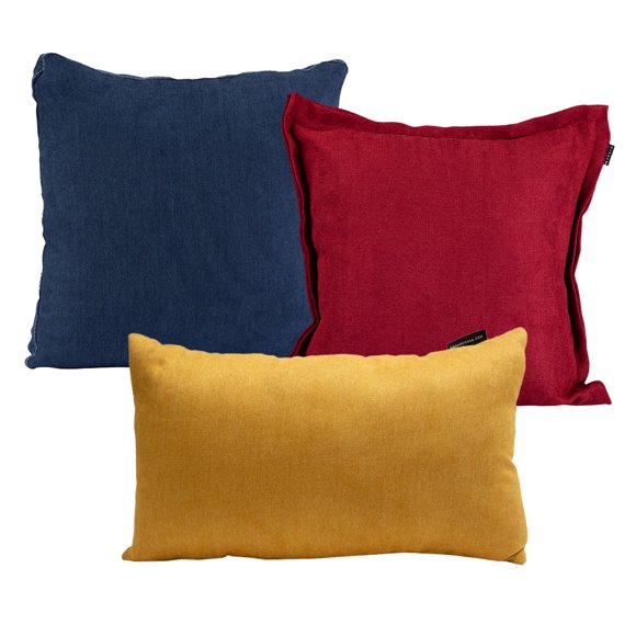 Set de 3 Cojines (1 Cuadrado Rojo, 1 Cuadrado Grande Azul, 1 Rectangular Mostaza)