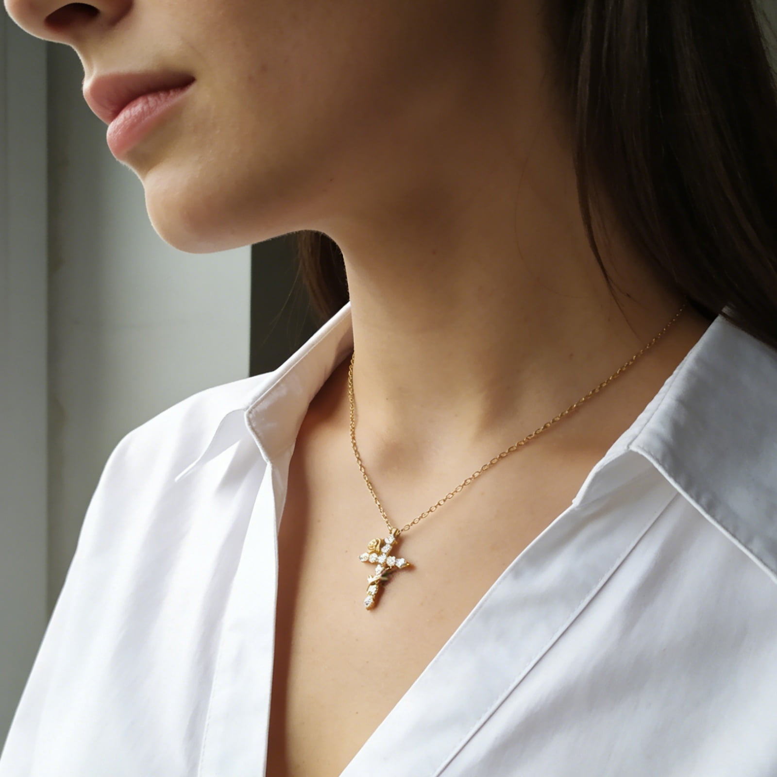 SFTING Cross Necklace for Women Rose Flower 18K Gold Plated Dainty Cross Pendant Faith Jewelry Gifts for Women Yellow