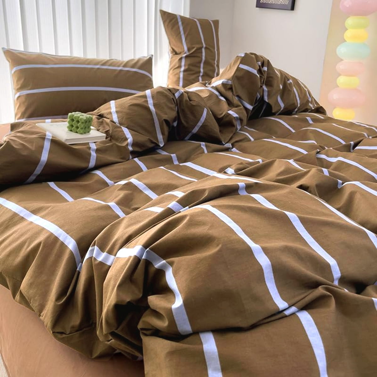 NAYOROOM Brown Blue Striped Duvet Cover Queen Set, 3-Piece Retro Vertical Ticking Stripes Breathable Comforter Cover