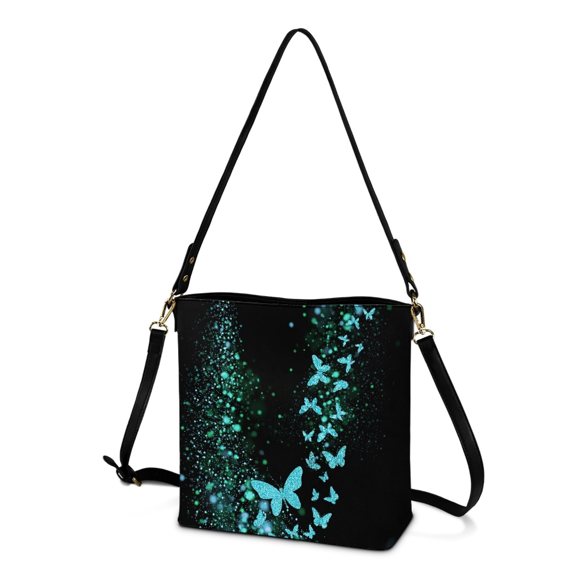Kuiaobaty Butterfly Print Bucket Crossbody Bag for Women, Lightweight Vegan Leather Shoulder Handbag Crossbody, Casual Trendy Hobo Satchel Purse with Adjustable Strap for Travel, Black