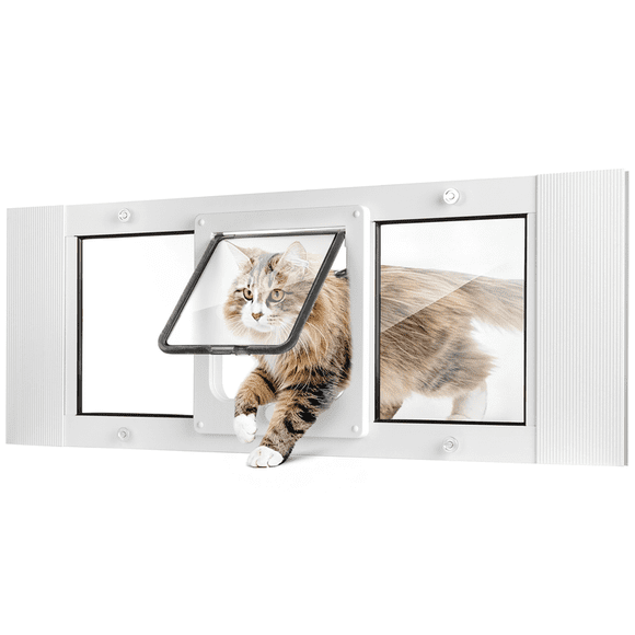 Slevoo Cat Door for Window, No-Cut Installation, Adjustable Width of 31"-36", Upgraded 4-Mode Knob Lock, Weatherproof Aluminum Frame Cat Door Window Insert for Cats & Small Dogs, Large
