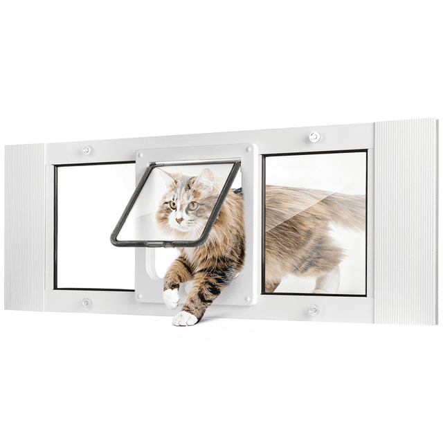 Slevoo Cat Door for Window, No-Cut Installation, Adjustable Width of 31"-36", Upgraded 4-Mode Knob Lock, Weatherproof Aluminum Frame Cat Door Window Insert for Cats & Small Dogs, Large