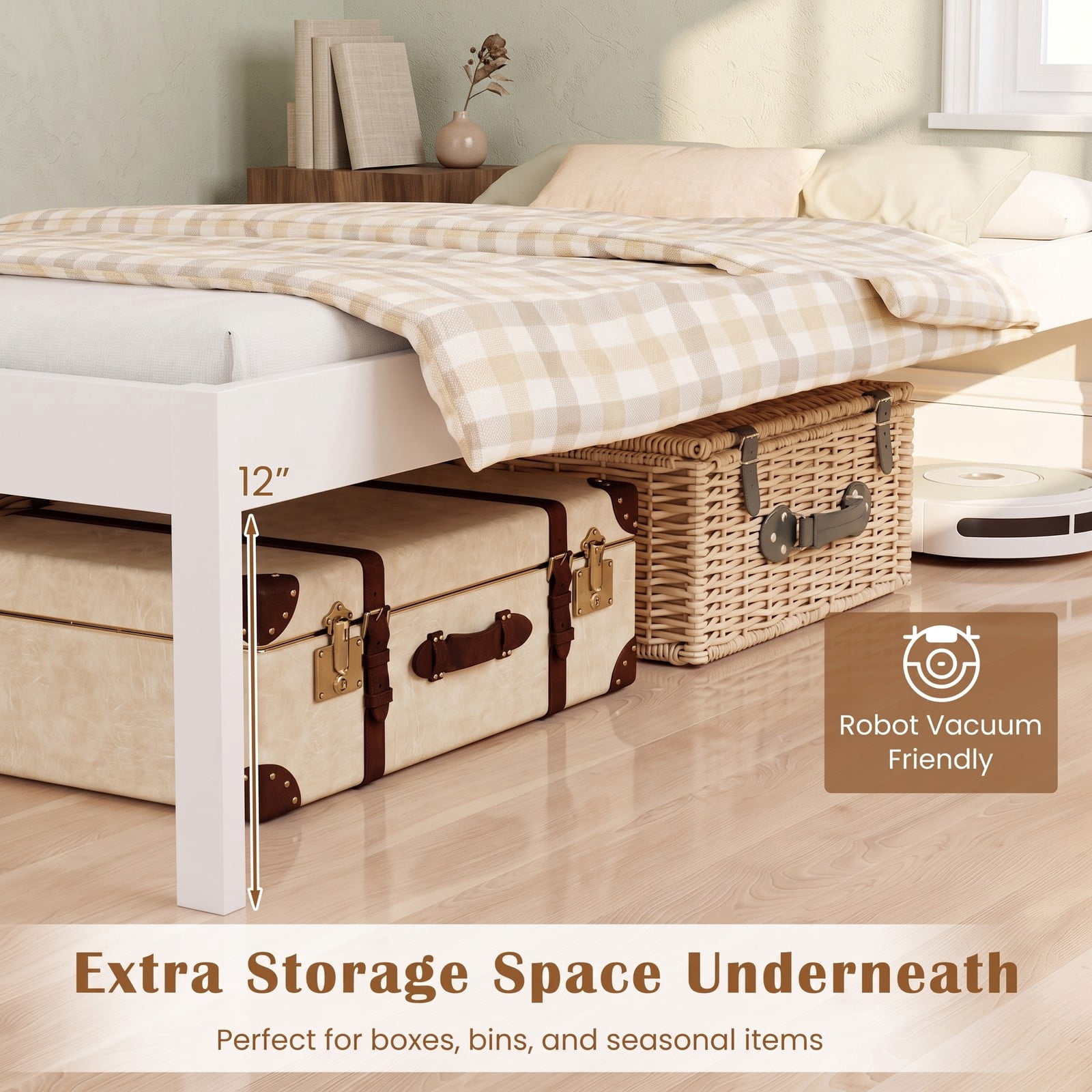 Furnibear Full Size Farmhouse Wood Bed Frame Platform Bed with Paneled Headboard and Under Bed Storage for the Bedroom, White