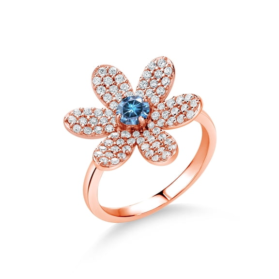 Gem Stone King 18K Rose Gold Plated Silver Ring Round Persian Blue Moissanite and (1.21 Cttw, Size 6)