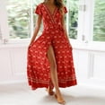 thumbnail image 4 of PENGXIANG Robe Maxi Bohème à Fleurs Imprimées Col en V Manches Courtes Fendue pour Fête à la Plage S-TG, 4 of 5